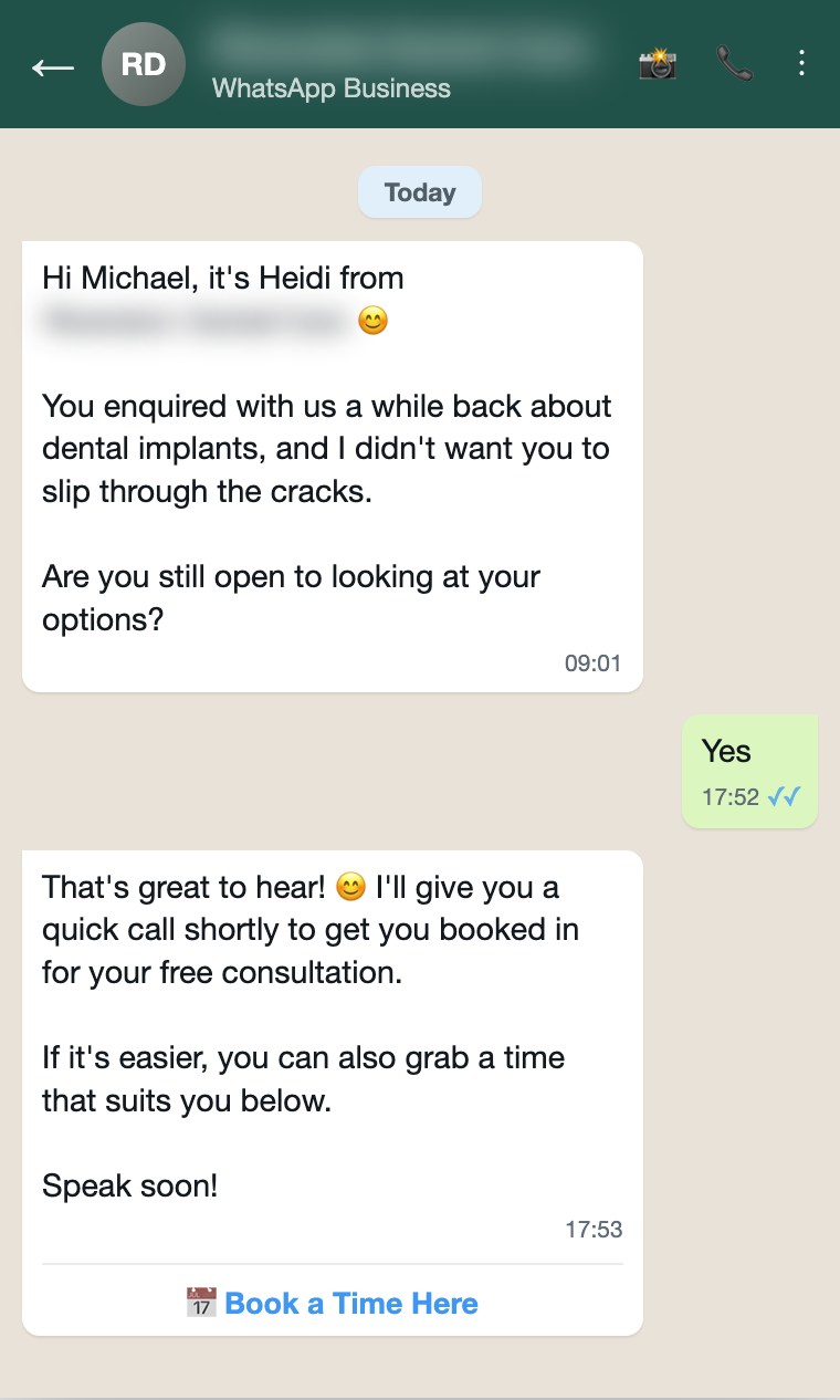 Anonymised WhatsApp conversation showing the AI reactivation message re-engaging a dormant enquiry, with the patient replying and booking a free consultation.