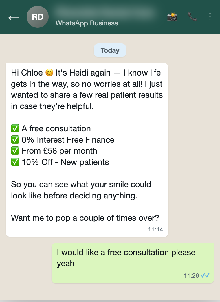 Anonymised WhatsApp conversation showing the AI reactivation message sharing free consultation, finance and offer details, with the patient replying to request a free consultation.