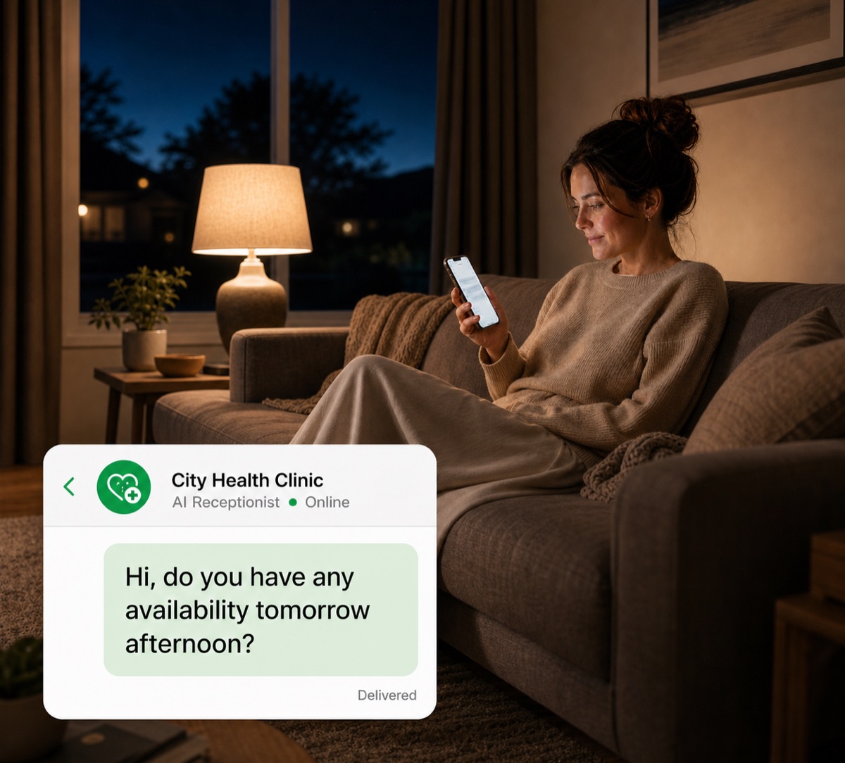Patient messaging a clinic from home in the evening