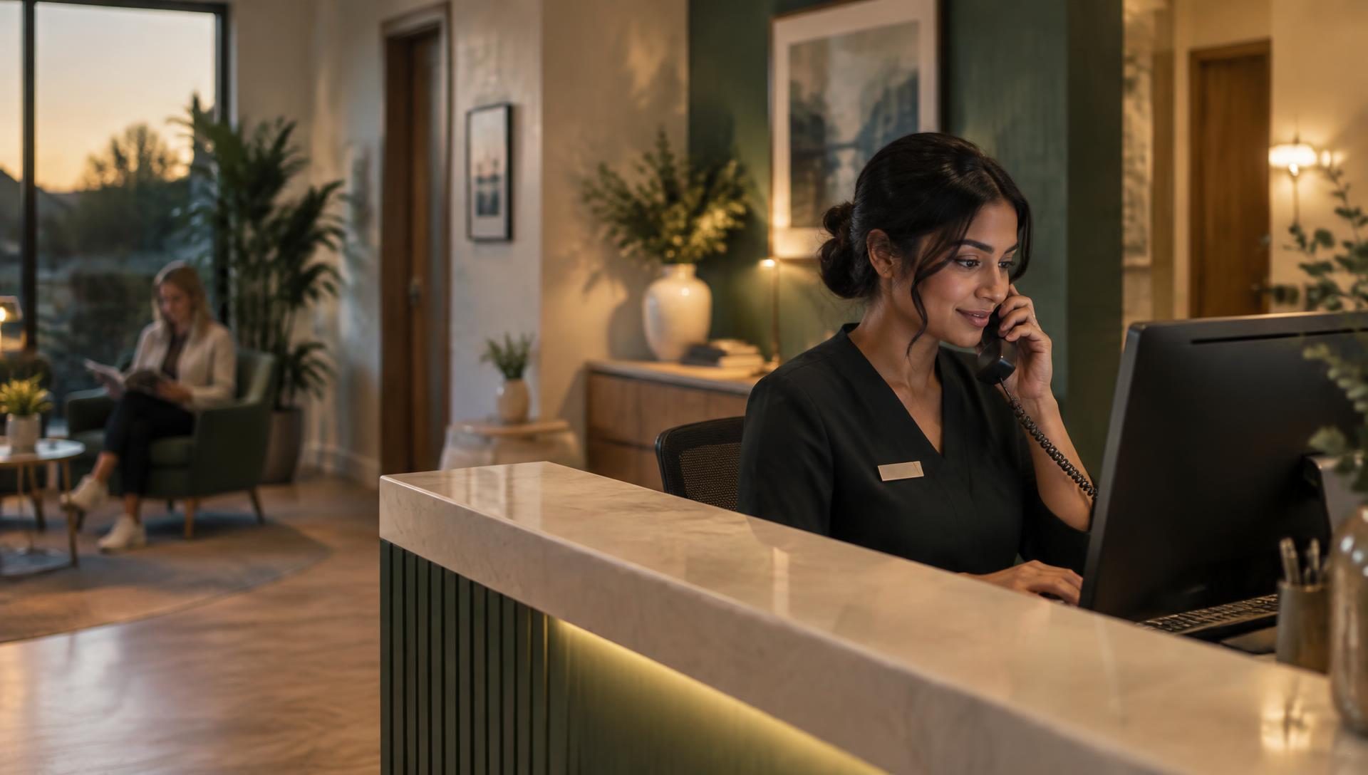 Clinic receptionist calmly handling a patient call, fully in control of the front desk