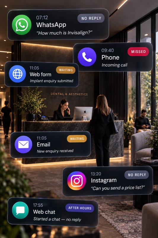 A clinic reception with missed enquiries arriving across WhatsApp, phone, web form, email, Instagram and web chat