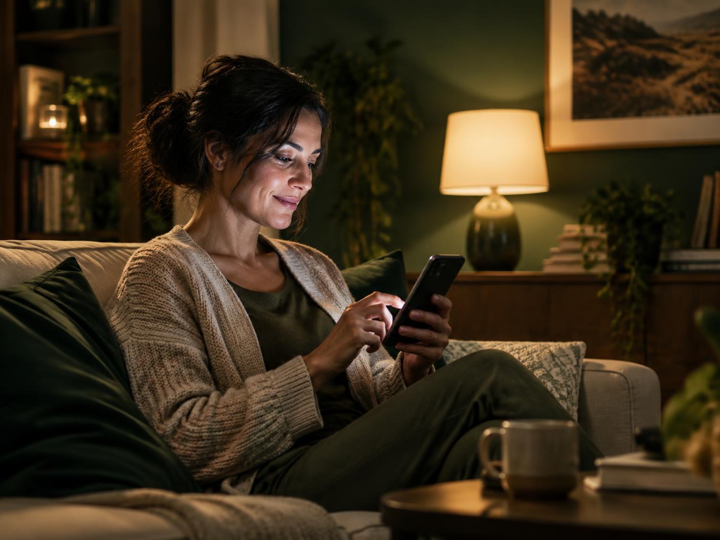 Patient messaging a clinic from her sofa in the evening