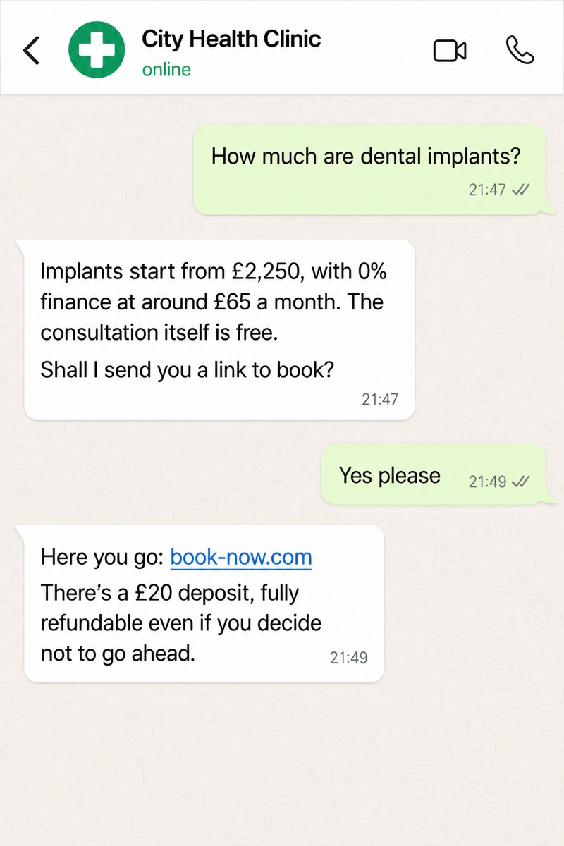 Patient asking about implant prices at night and being booked in